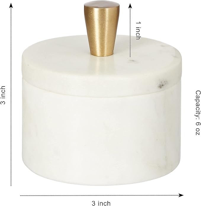 Queenza White Marble Salt Cellar with Lid and Brass Knob, 3 Inch Salt Box