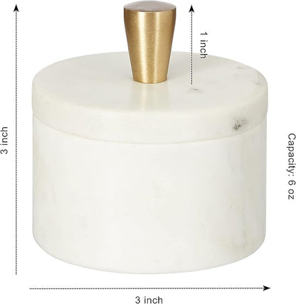 Queenza White Marble Salt Cellar with Lid and Brass Knob, 3 Inch Salt Box