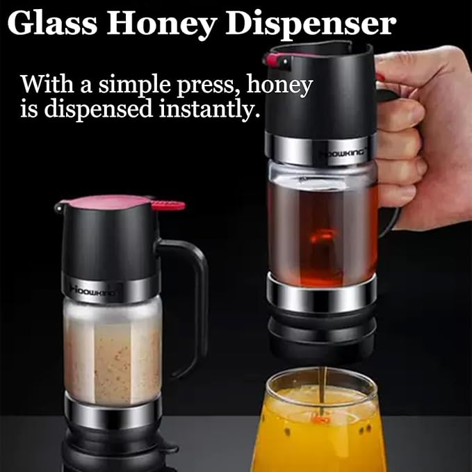 Honey Dispenser No Drip with Base, 12oz Glass Honey Dispenser with Handle, Pressure Design for Quantitative Honey Extraction Syrup and Jam (Black)