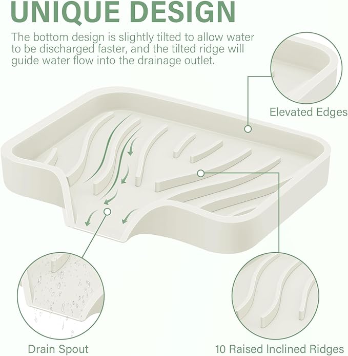 Silicone Soap Dish with Drain, SAISN Kitchen Soap Tray for Shower 2 Pack Self Draining Soap Dish Soft Bathroom Soap Holder for Kitchen Sink Flexible Portable Soap Saver, Beige