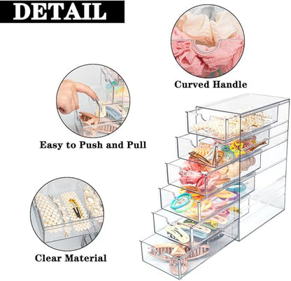 Clear Hair Accessories Organizer Box with 6 Layers, Acrylic Stackable Storage Drawers for Hair Ties, Claw Clips, Bow Holder for Girls, Vanity Makeup Organizer, Bathroom or Desk Countertop Container