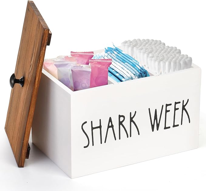 Hacaroa Tampon Holder for Bathroom, Shark Week Tampon Storage Organizer with Lid, Farmhouse Rustic Wood Pad Container Feminine Product Caddy Box for Bathroom Accessories, Movable Partition