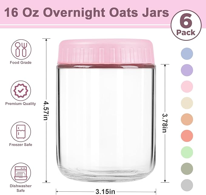 Overnight Oats Containers with Lids, 16oz Wide Mouth Mason Jars with Lids, 6 Pack Glass Jars with Airtight lid for Chia Pudding Yogurt Salad, Meal Prer Oatmeal Jars, Pink