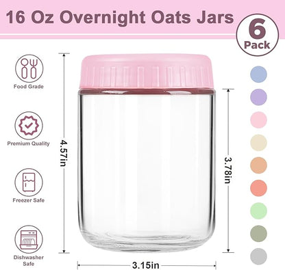 Overnight Oats Containers with Lids, 16oz Wide Mouth Mason Jars with Lids, 6 Pack Glass Jars with Airtight lid for Chia Pudding Yogurt Salad, Meal Prer Oatmeal Jars, Pink