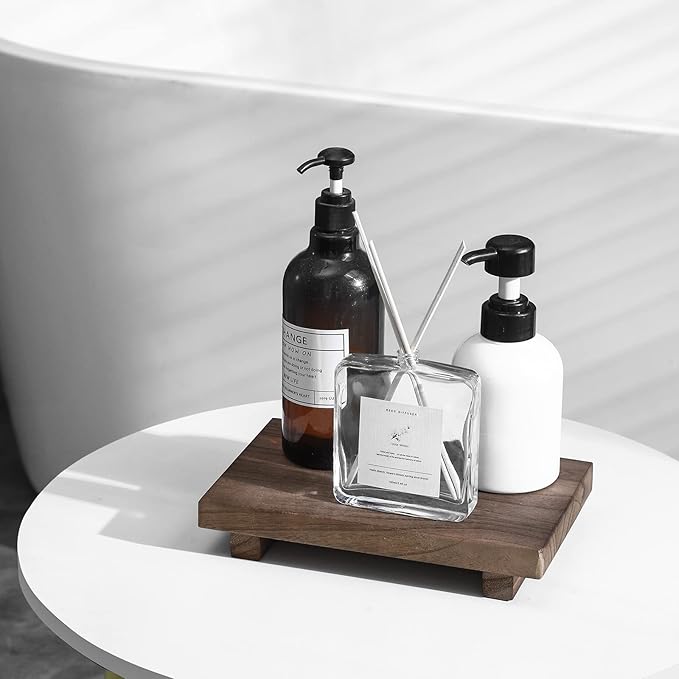 zoocatia Small Wood Tray Pedestal Stand Farmhouse Bathroom Decor Decorative Wooden Riser Kitchen Soap Dish Holder for Vanity, Counter, Sink, 9" x 5.9" - Walnut