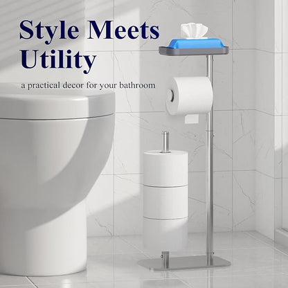 Kitsure Toilet Paper Holder Free Standing – Rustproof Metal Toilet Paper Stand for 4 Rolls with Anti-Slip Base and Shelf for Phone & Small Items, Bathroom Organizers and Storage, Medium, Silver