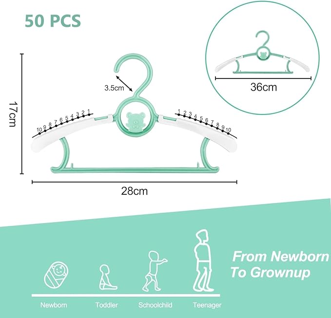 HGYZE Kid Hangers for Closet 50pcs, Green Infant Clothes Hanger 11-14" Adjustable Plastic Baby Coat Hangers with Bear Hook, Non-Slip Children Outfit Hangers for Boy Toddler Newborn Teen Clothing