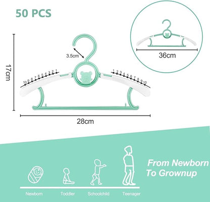 HGYZE Kid Hangers for Closet 50pcs, Green Infant Clothes Hanger 11-14" Adjustable Plastic Baby Coat Hangers with Bear Hook, Non-Slip Children Outfit Hangers for Boy Toddler Newborn Teen Clothing