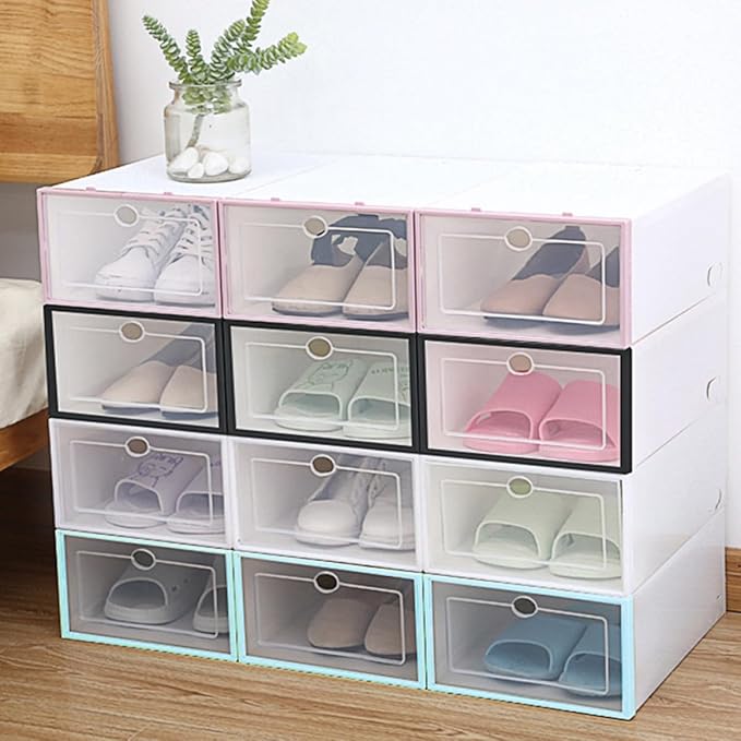 Luxshiny 6pcs Thickened Plastic Shoes Storage Boxes with Black Frame, Stackable Shoe Containers for Men’s Footwear Organization and Closet Storage