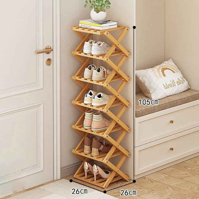 YYW Shoe Rack, Foldable Bamboo Shoes Shelf, Freestanding Shoe Storage Organiser for Entryway, Hallway, Bedroom, Closet (Wood Color, 7 Layers)