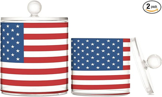 DOMIKING American Usa Flag 2 Pack Bathroom Canisters Cotton Swab Holder Dispenser Plastic Cotton Ball Jar Acrylic Storage Containers for Cotton Ball Cotton Round Pads Cotton Swab