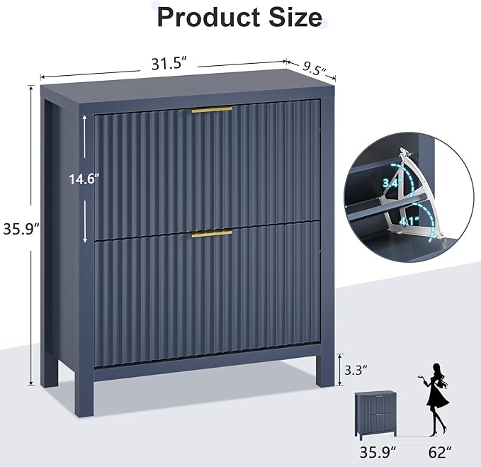 YOMILUVE Shoe Cabinet Storage for Entryway, Fluted Shoe Cabinet with 2 Flip Drawers, Hidden Shoe Rack Tall Freestanding Shoe Organizer with Legs for Hallway, Blue