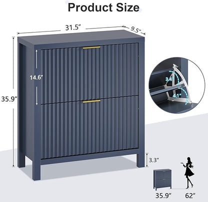 YOMILUVE Shoe Cabinet Storage for Entryway, Fluted Shoe Cabinet with 2 Flip Drawers, Hidden Shoe Rack Tall Freestanding Shoe Organizer with Legs for Hallway, Blue