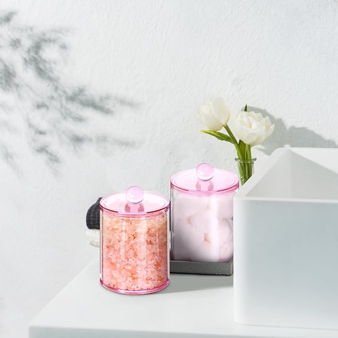 XIPENGKEJI 2 Pack Qtip Holder,Canister Apothecary Jar Set, Bathroom Jars with Lids Set for Cotton Swabs, Balls, Pads, Floss Picks,10oz-12oz Plastic Canisters Restroom Bedroom Vanity Organizer(Pink)