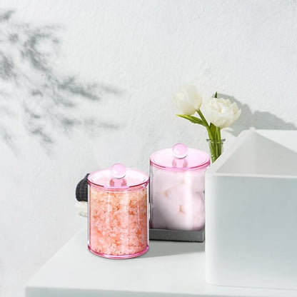 XIPENGKEJI 2 Pack Qtip Holder,Canister Apothecary Jar Set, Bathroom Jars with Lids Set for Cotton Swabs, Balls, Pads, Floss Picks,10oz-12oz Plastic Canisters Restroom Bedroom Vanity Organizer(Pink)