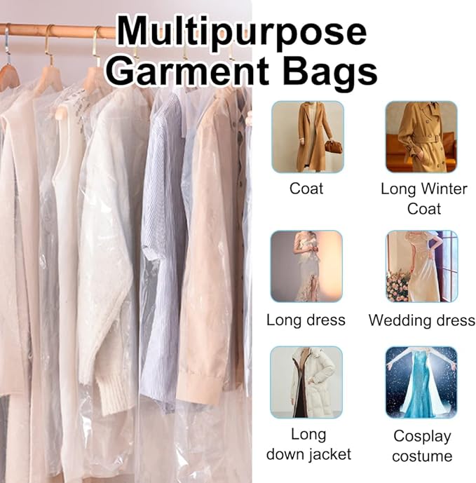 BEISHIDA 25PCS 72 Inch Plastic Garment Bag-Plastic Clear Dry Cleaner Laundry Bags for Clothes Cover, Hanging Clothes Storage for Long Dresses Skirt Coat Suit Shirt Jacket