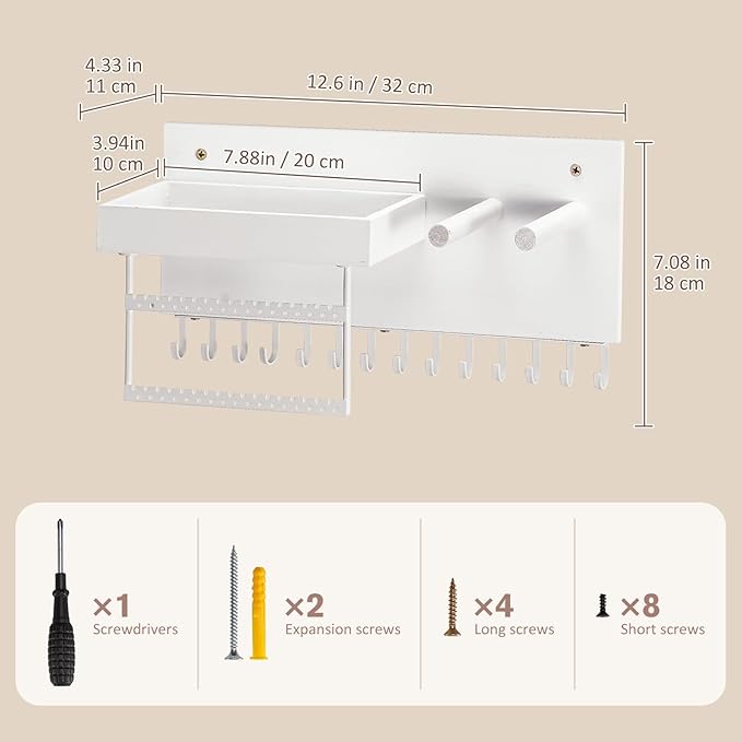 Lolalet Wall Mounted Hanging Jewelry Organizer, 15 Hooks Wooden Necklaces Holder with Storage Shelf, Easy Install Earrings Bracelets Hanger -White