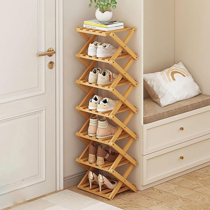 YYW Shoe Rack, Foldable Bamboo Shoes Shelf, Freestanding Shoe Storage Organiser for Entryway, Hallway, Bedroom, Closet (Wood Color, 7 Layers)