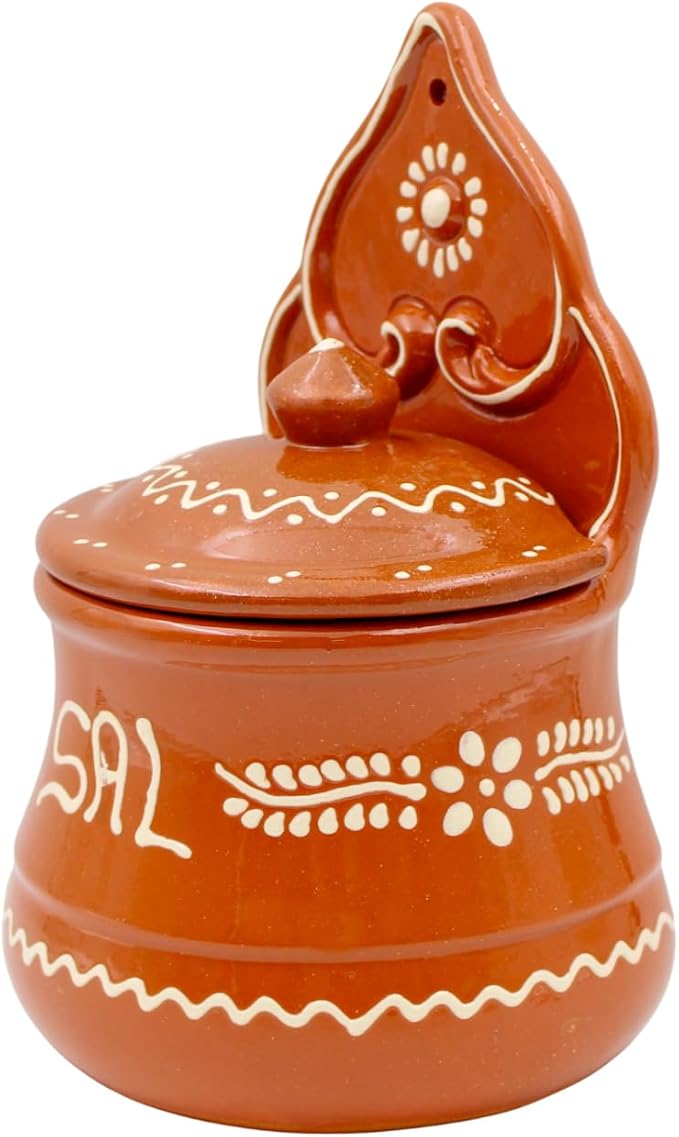 Portuguese Terracotta Salt Holder with Lid, Hand-Painted Sal Design – Food Safe, Wall-Mountable, Traditional Portuguese Kitchen Decor (Large)