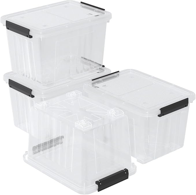 30 Quart Clear Plastic Storage Containers Bins with Wheels, Stackable Plastic Latching Totes with Lids, 4 Packs