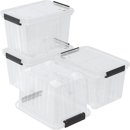 30 Quart Clear Plastic Storage Containers Bins with Wheels, Stackable Plastic Latching Totes with Lids, 4 Packs