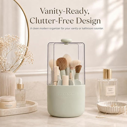 EACHY Makeup Brush Holder with Lid, 360° Rotating Vanity Organizer for Brushes, Dustproof Cosmetic Display Case, 7 Compartments, Waterproof Plastic (Green)
