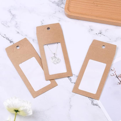 Stiesy 100 Pcs Kraft Paper Necklace Display Cards Cardboard Paper Jewelry Box Presentation Box with PVC Window for Jewelry Display