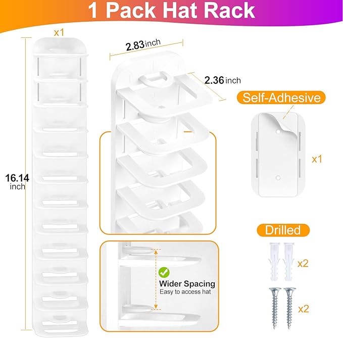 Hat Organizer for Baseball Caps, 1 Pack Hat Rack for Wall, Wall Mounted Adhesive Cap Rack, Hat Holder Hanger Hold Up to 12 Cap, Baseball Hat Storage Organizer for Door, Closet, Bedroom(Cloud White)