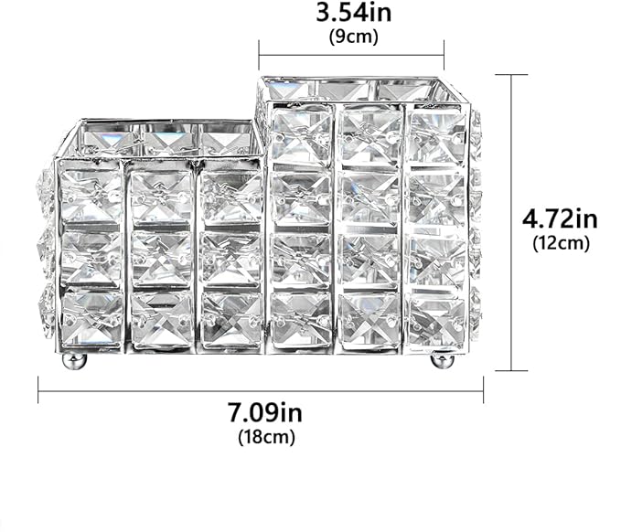 LUEXBOX Crystal Makeup Brush Holder, One-Piece Square Brush Organizer, Cosmetics Brush Storage Container for Table, Dresser, Bathroom, Bedroom Organization (Silver)