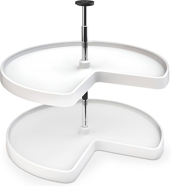 Rev-A-Shelf 28" Kidney Shaped Dual Tier Lazy Susan Organizer for Corner Base Kitchen Cabinets, Plastic Home Storage Shelves, 28" W x 22.5" D x 26" H, White, 3472-28-11-52