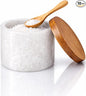 White Marble Salt cellar. Spice jars with Acacia Wood Lid and Spoon, Elegant Modern Handcrafted Container for Countertop