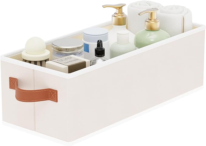 Storage Bin, Linen Foldable Clothes Basket, Storage Box Container with Double Handles for Bedroom, Beige, 15x 6 x 5 Inch, 1-Pack