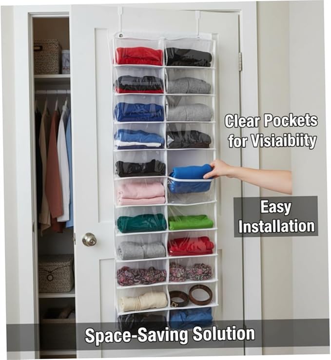 Over the Door Sweatshirt Organizer with 26 Clear Pockets Heavy Duty Hanging Storage for Hoodies Shoes Toys Towels Space Saving Door Organiser for Bedroom Closet