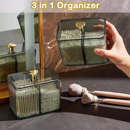 2 Pack 3-Section Clear Qtip Holder with Dustproof Lid, Bathroom Cotton Ball and Qtip Organizer, Cotton Swab Container for Vanity Canisters Jars for Countertop Storage and Organization (Clear-Green)