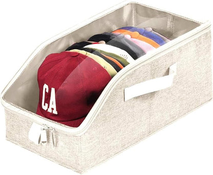 Livelab Hat Organizer for Baseball Caps, Hat Storage Holder Container for Closet Hold Up to 12 Caps with Clear Window, Hat Boxes for Home Storage | 2Pcs Beige
