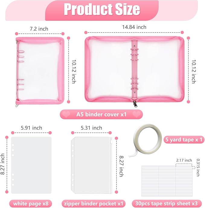 KEIFIN Press On Nail Storage Organizer Binder with 8 Insert Pages - A5 Size Reusable Fake Nail Swatch Collecting Book Polish Color Display Holder Container with Tape and Zipper Pocket (PINK)