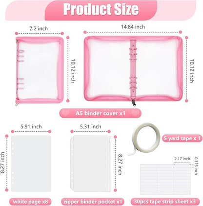 KEIFIN Press On Nail Storage Organizer Binder with 8 Insert Pages - A5 Size Reusable Fake Nail Swatch Collecting Book Polish Color Display Holder Container with Tape and Zipper Pocket (PINK)