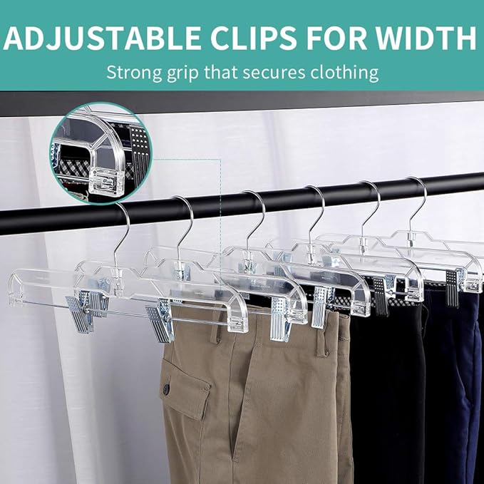 Crystal Clear Plastic Pants Hangers 20 Pack, with Strong Metal Clips, Skirts, Trousers, Trunks, Swim Suits, Teenagers, Heavy Duty, Acrylic 11 inch