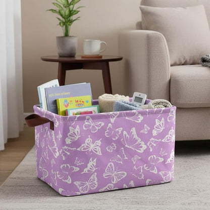 Purple Butterfly Storage Basket Waterproof Canvas Toy Storage Bin Decorative Collapsible Outdoor Basket with Leather Handles Purple Gifts Basket For Closets,Bedrooms,Home,Bathroom
