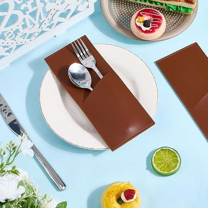 2PCS PU Leather Knife and Fork Sleeves Utensils Holder Pouch Bags Vintage Cutlery Sleeves Brown Leather Rustic Flatware Tableware Storage Place Set Organizer for Home Kitchen Table