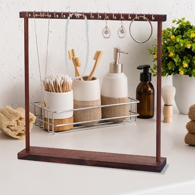 HOBBIESAY1Set Jewelry Display Stand Wood Necklace Holder with 36pcs Metal Hooks Coconut Jewelrys Organizer Hanger Jewelry Accessory Stand for Hanging Necklace Bracelet Watchs 15.75×0.94~2.95×0.67 IN
