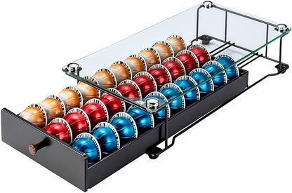 Coffee Pod Drawer Organizer for Nespresso Vertuo, 30 Pods Coffee Pod Holder, Coffee Pods Organizer with Mesh Shelves Black Glass