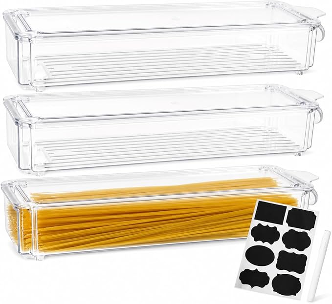 3 Pack Pasta Storage Container Plastic Spaghetti Food Storage Box, Airtight Spaghetti Noodle Holder Rectangular Chopstick Storages Box for Spaghettis, Pasta, Noodles, Eggs, Fruits Snacks