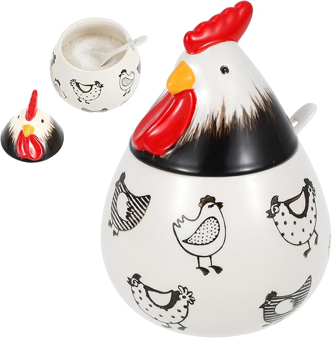 Ceramic Salt Cellar, 15.8 oz Chicken Shaped Salt Cellar with Lid and Spoon – Airtight Countertop Decor Container, Food-Grade Seasoning Holder for Spices/Sugar/Pepper Storage(Black)