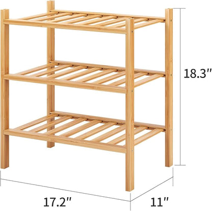 3-Tier Small Shoe Rack for Entryway, Stackable | Heavy Duty | Multi-Function, Bamboo Free Standing Shoe Racks for Bedroom Hallway Closet