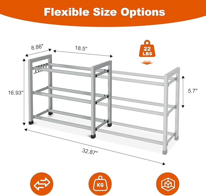 Expandable Shoe Rack for Closet Adjustable Metal Shoe Rack for Entryway 18.5"-33" Free Standing Shoe Organizer 12 Pairs with Hooks 3-Tier Small Shoe Shelf for Bedroom Garage Dorm Floor, Grey