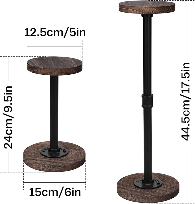 4Pcs Tabletop Hat Stand Cap with Height Adjustment, Industrial Metal Pipe Rustic Burnt Wood Hat Rack, Wig Rack for Chapeau, Cowboy Hat, Helmet