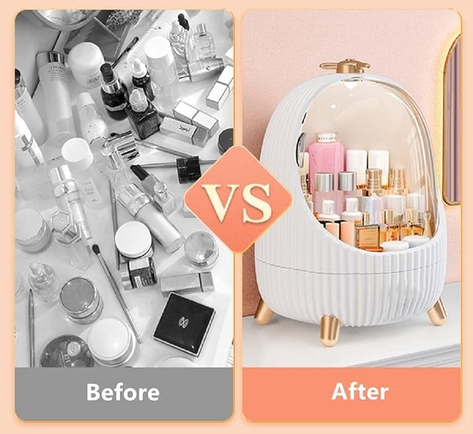 Make up Organizers and Storage Box with Lid and Led Light, Waterproof & Dustproof Skincare Organizer Cosmetic Display Cases for Vanity, Dresser, Countertop, White
