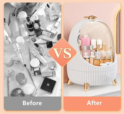 Make up Organizers and Storage Box with Lid and Led Light, Waterproof & Dustproof Skincare Organizer Cosmetic Display Cases for Vanity, Dresser, Countertop, White