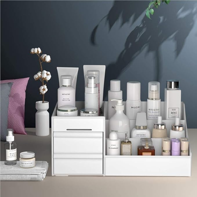 Large Makeup Capacity Cosmetic Storage Box Skin Care Organizer Jewelry,Makeup, Brushes, Lipsticks, Nail Polish Container,Desktop Dresser Sundries Storage Box (White)